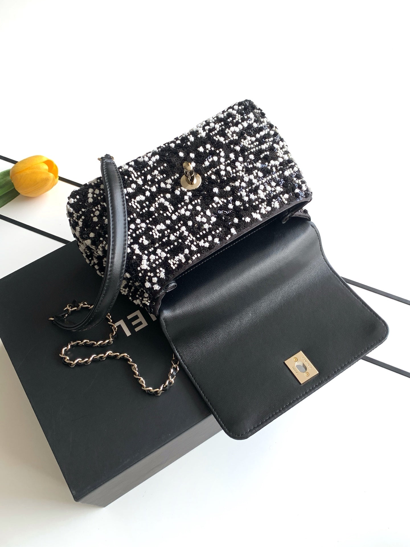 Chanel 2026 Top Handle Bag 19cm Black White Sequin Leather