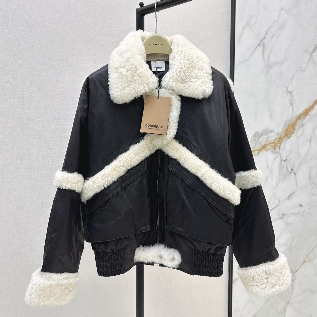Burberry 25 Shearling-trimmed Bomber Jacket Black White Fur Leather