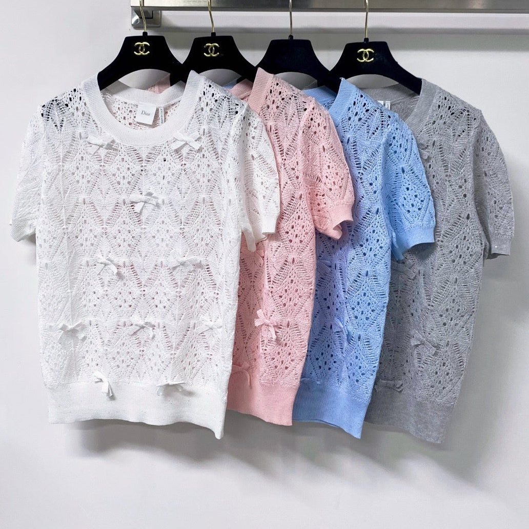 Dior 2026 Openwork Lace Knit Short-Sleeve Top Bow Details 479896