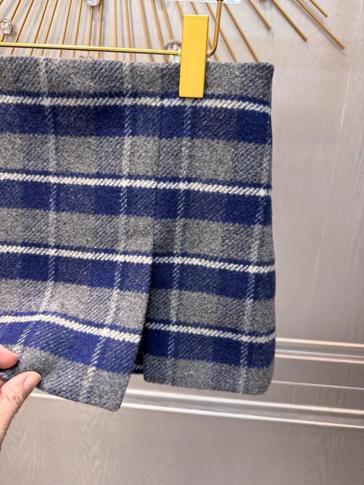 Miumiu 2026 Plaid Midi Skirt Blue-Gray Wool Viscose