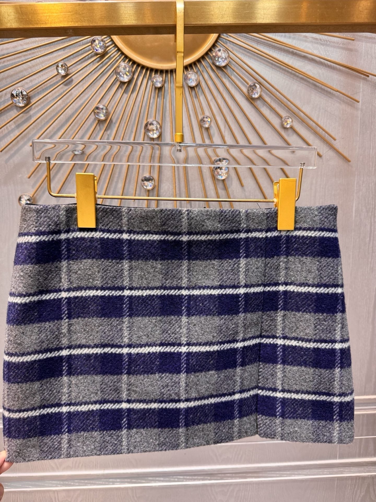 Miumiu 2026 Plaid Midi Skirt Blue-Gray Wool Viscose