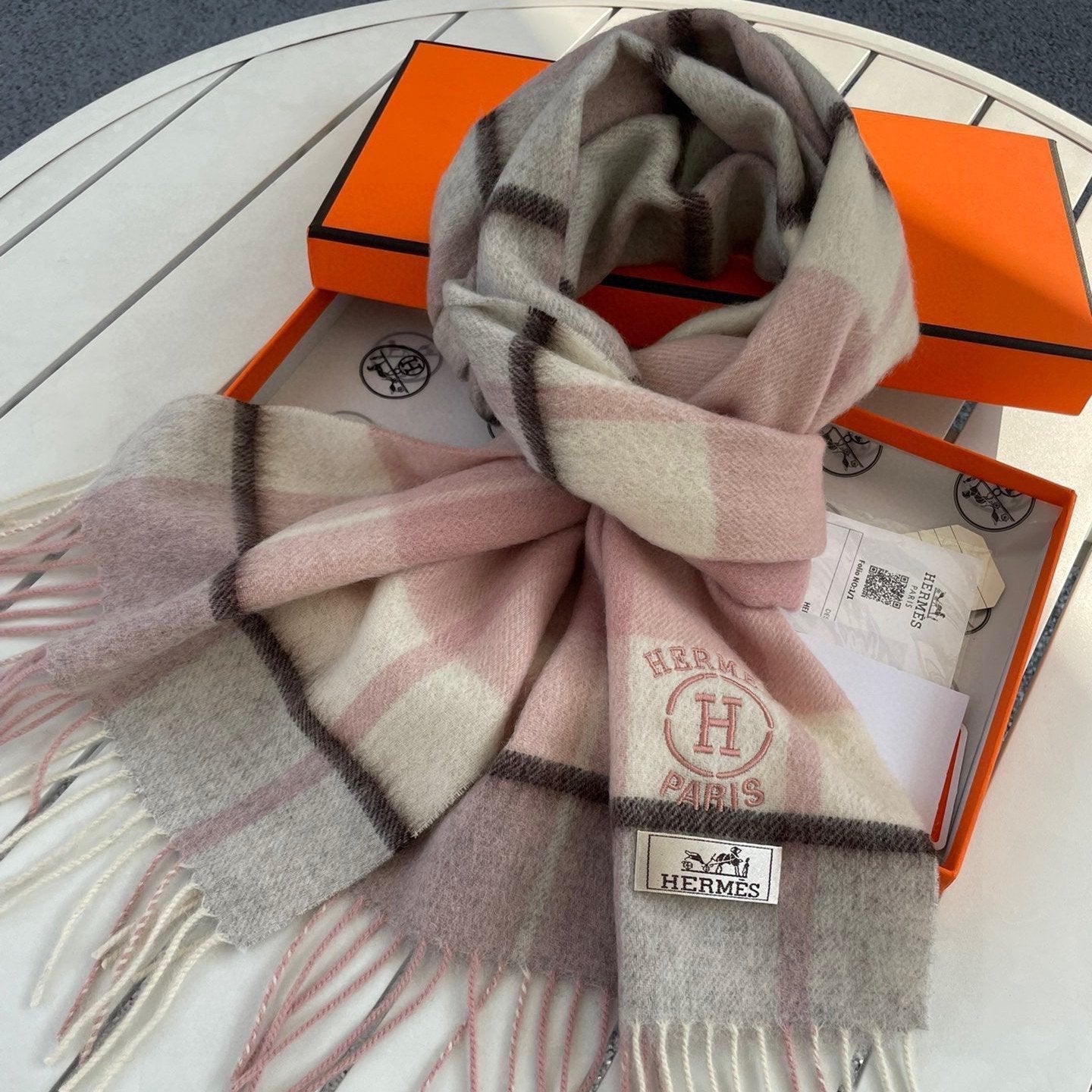 Scarf 180 CM In Light Grey White Mix Pink Caro Cashmere