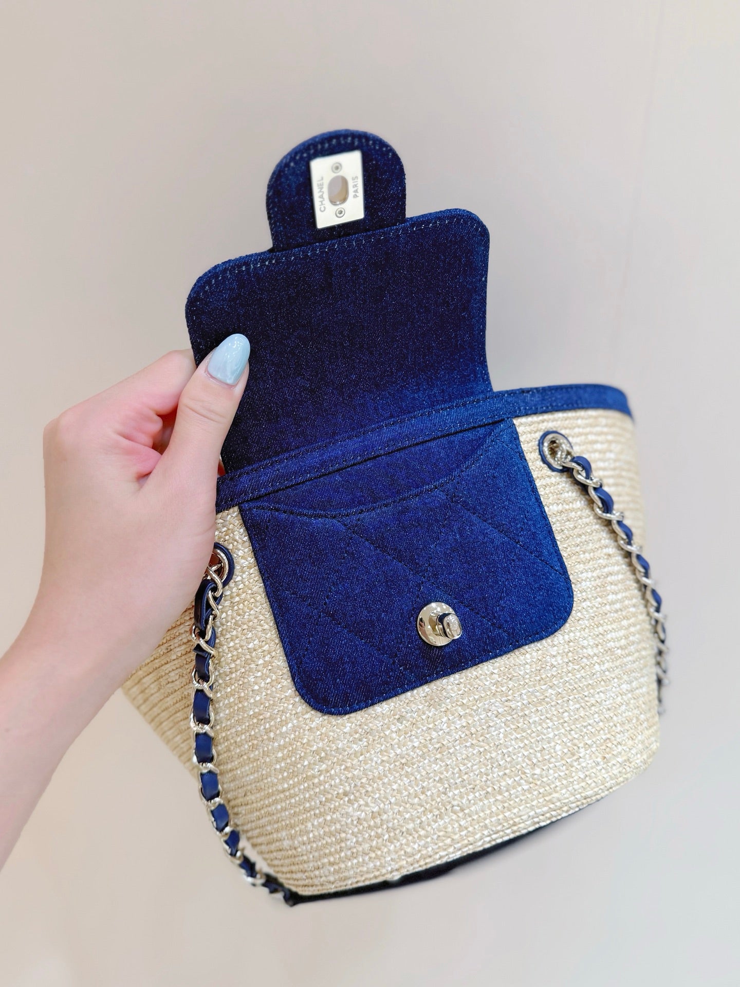 Chanel 2026 Shopping Bag 39cm Beige mix Blue Straw Denim