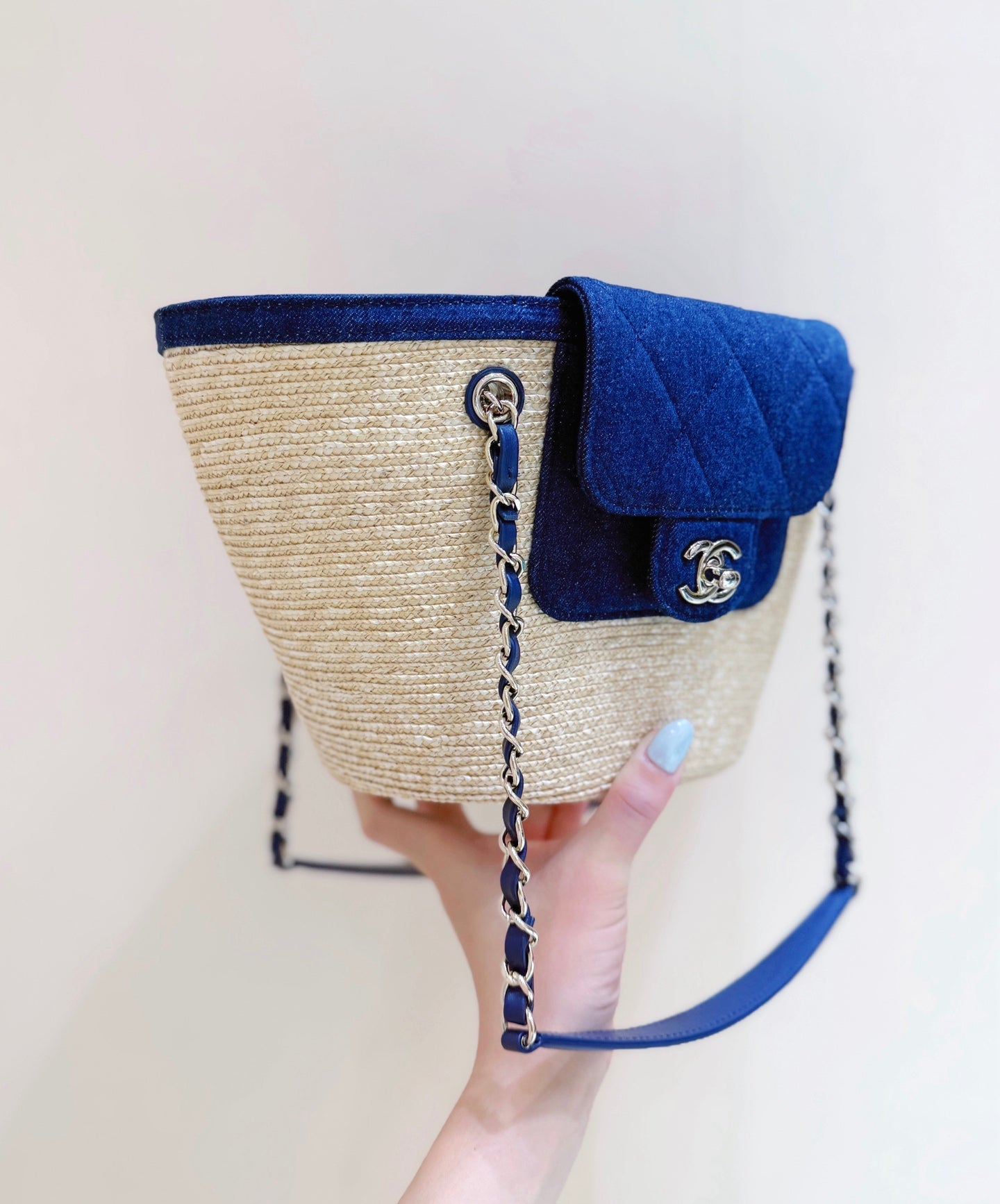 Chanel 2026 Shopping Bag 39cm Beige mix Blue Straw Denim
