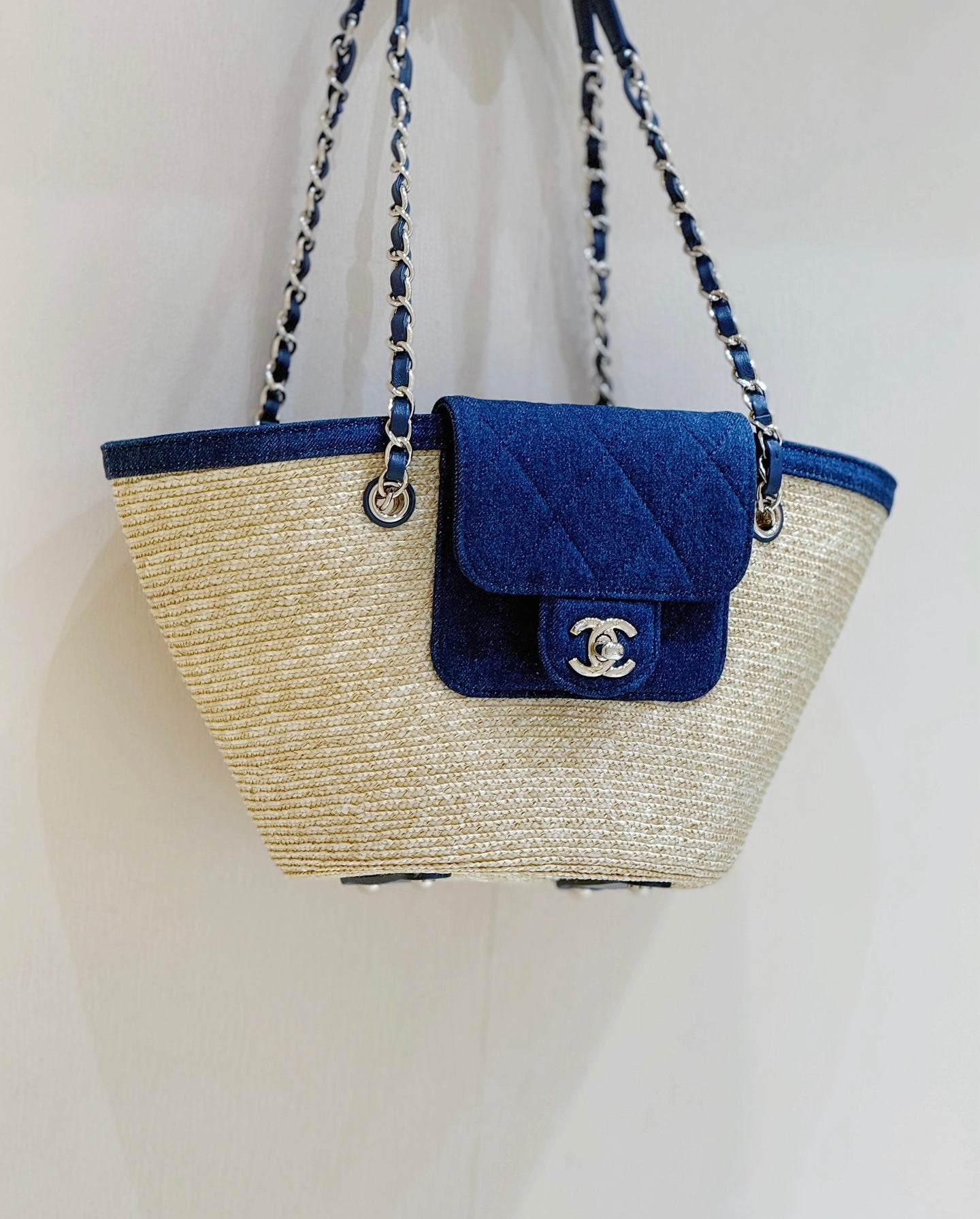 Chanel 2026 Shopping Bag 39cm Beige mix Blue Straw Denim