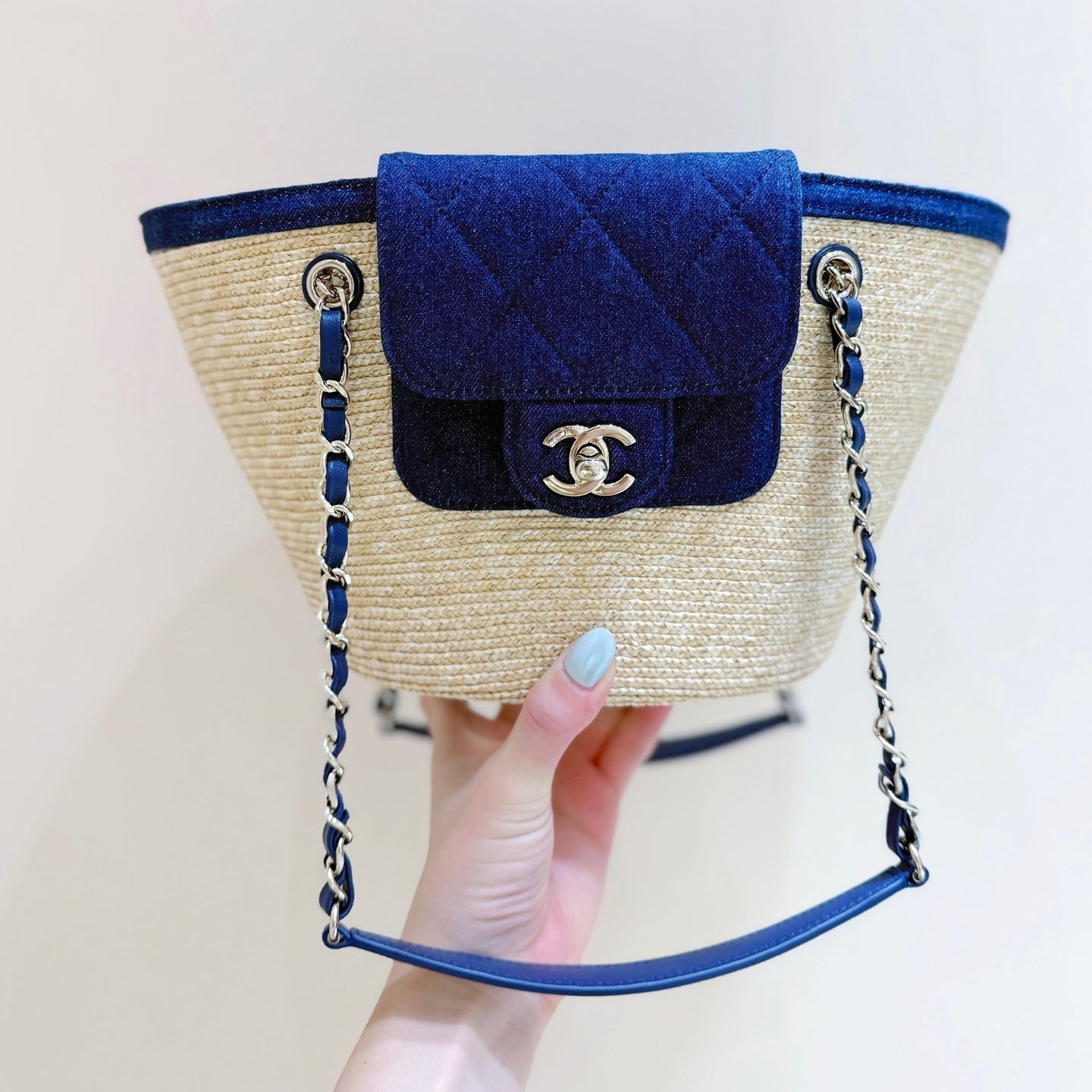 Chanel 2026 Shopping Bag 39cm Beige mix Blue Straw Denim