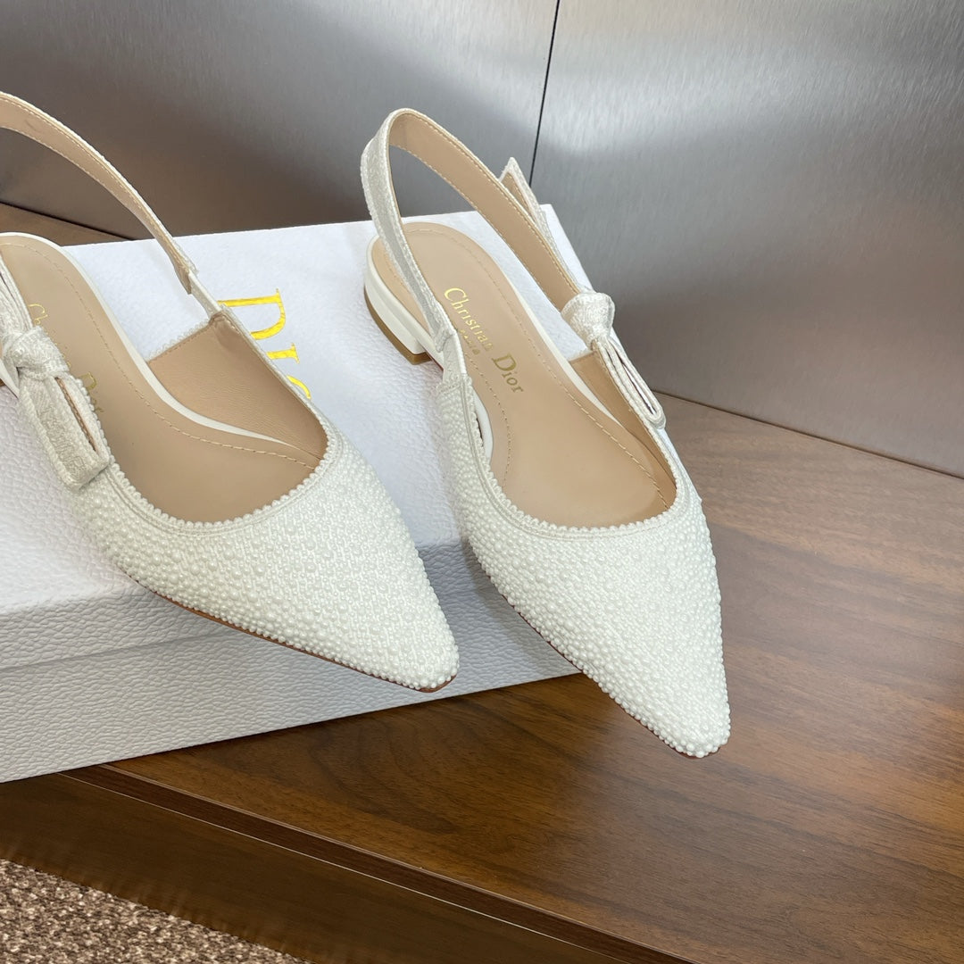 cd slingback flat embroidered cotton white calfskin resin pearl