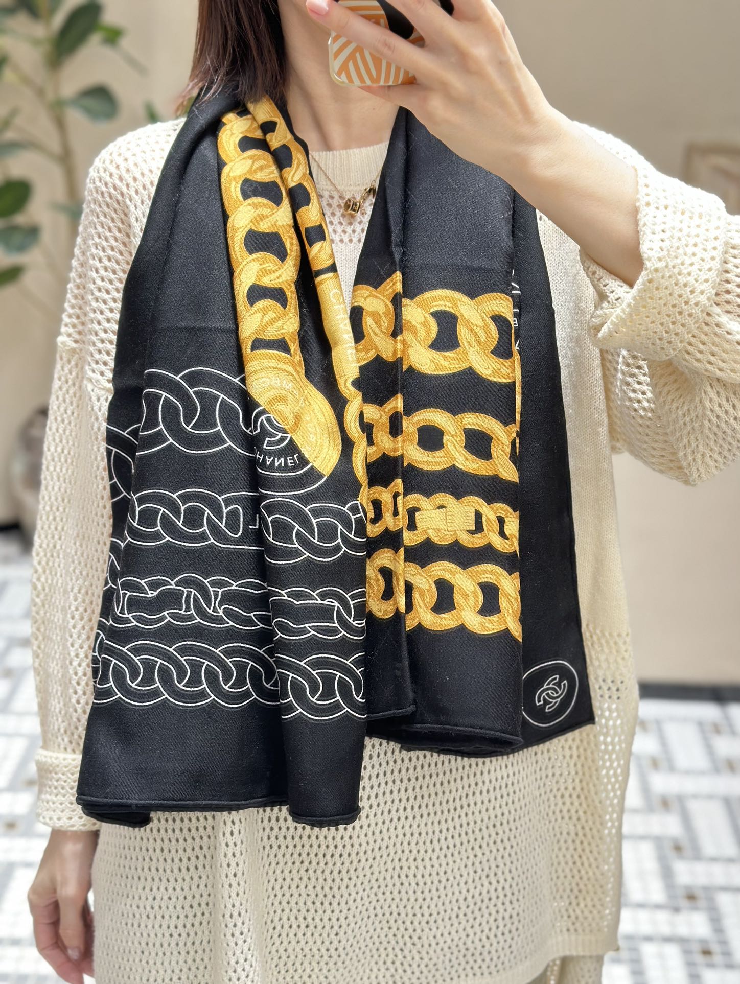 CC Square Scarf 140 CM In Black Mix Yellow White Velvet Fabric 420128
