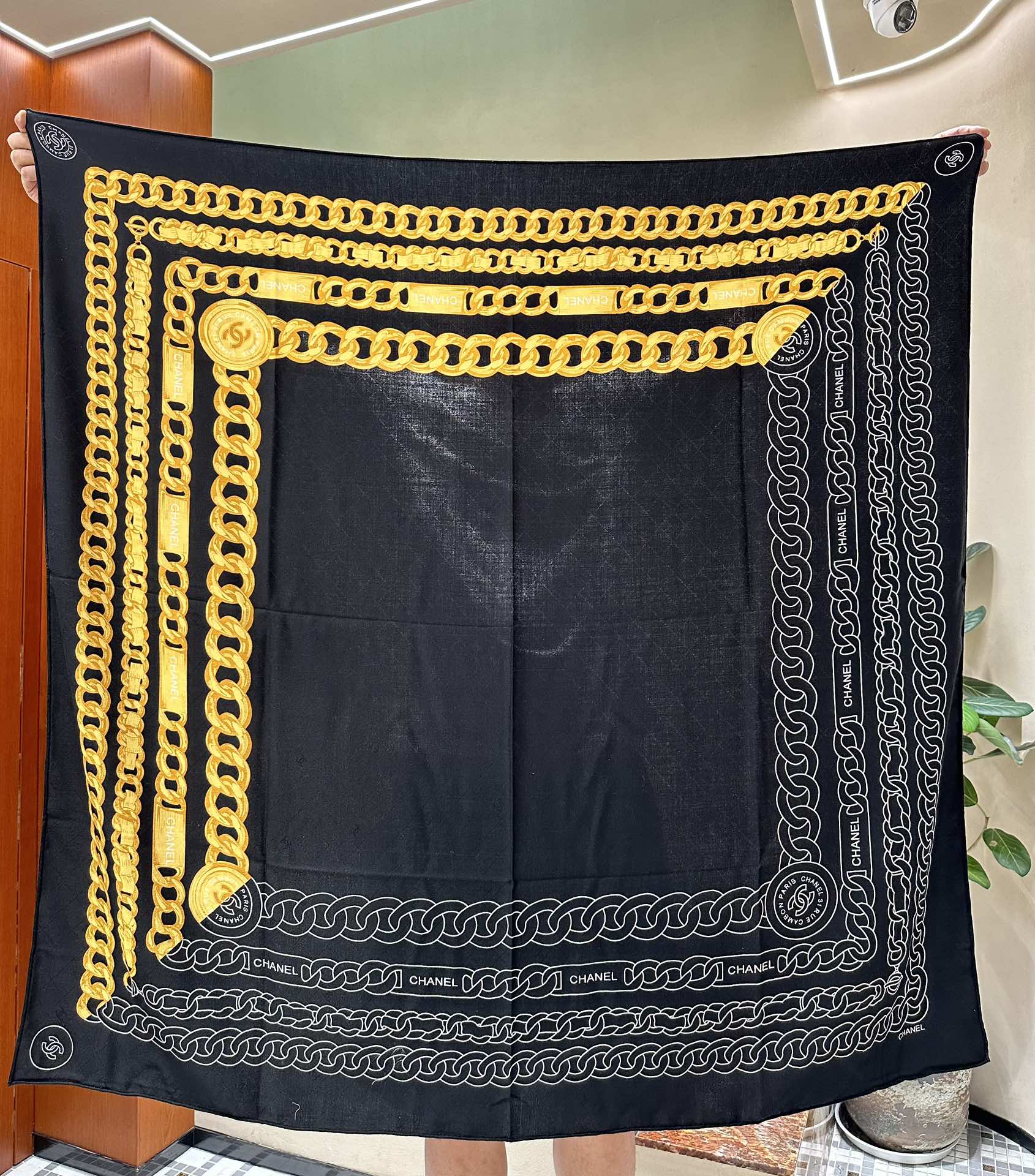 CC Square Scarf 140 CM In Black Mix Yellow White Velvet Fabric 420128