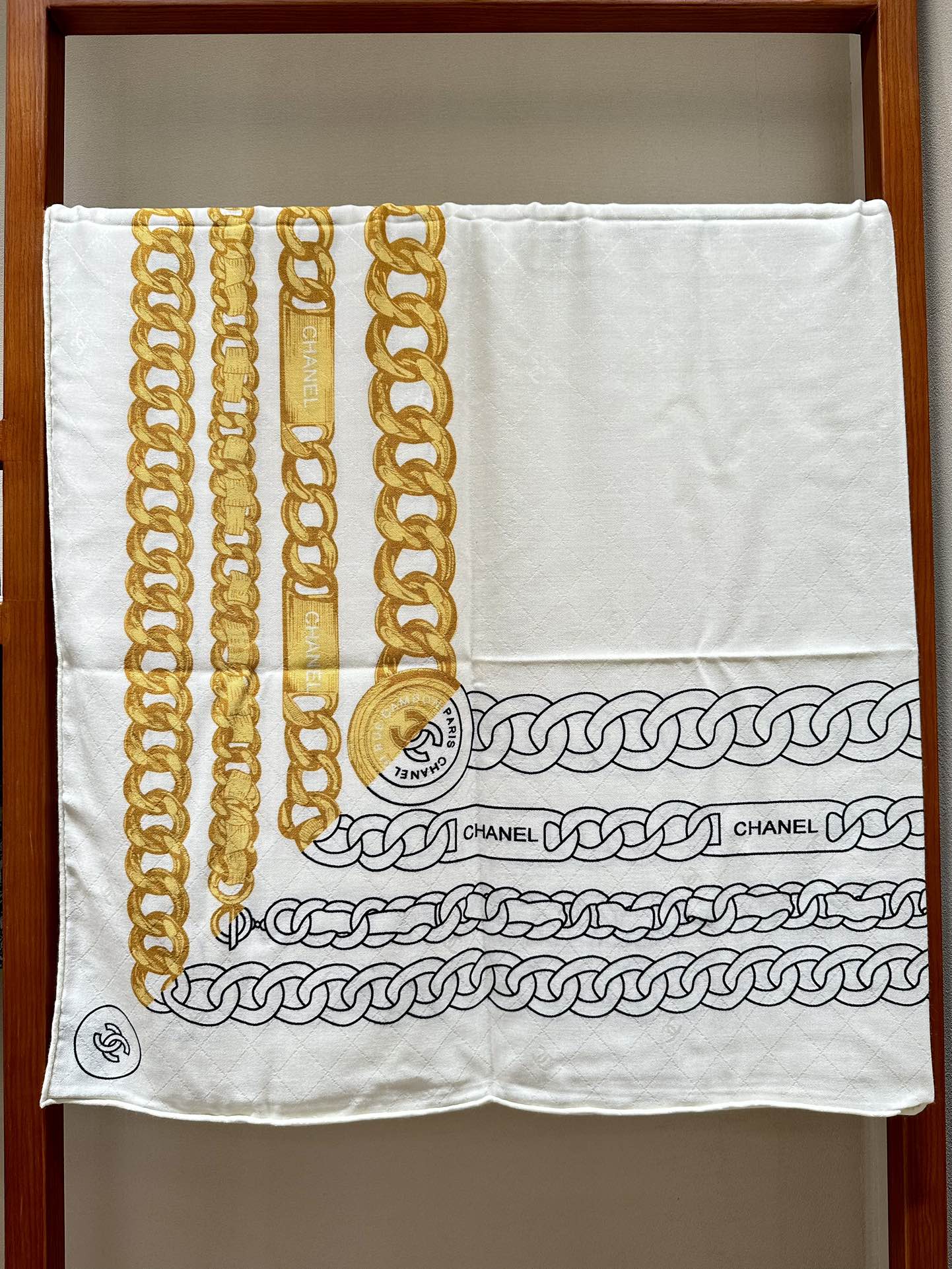 CC Square Scarf 140 CM In White Mix Yellow Black Velvet Fabric 420129