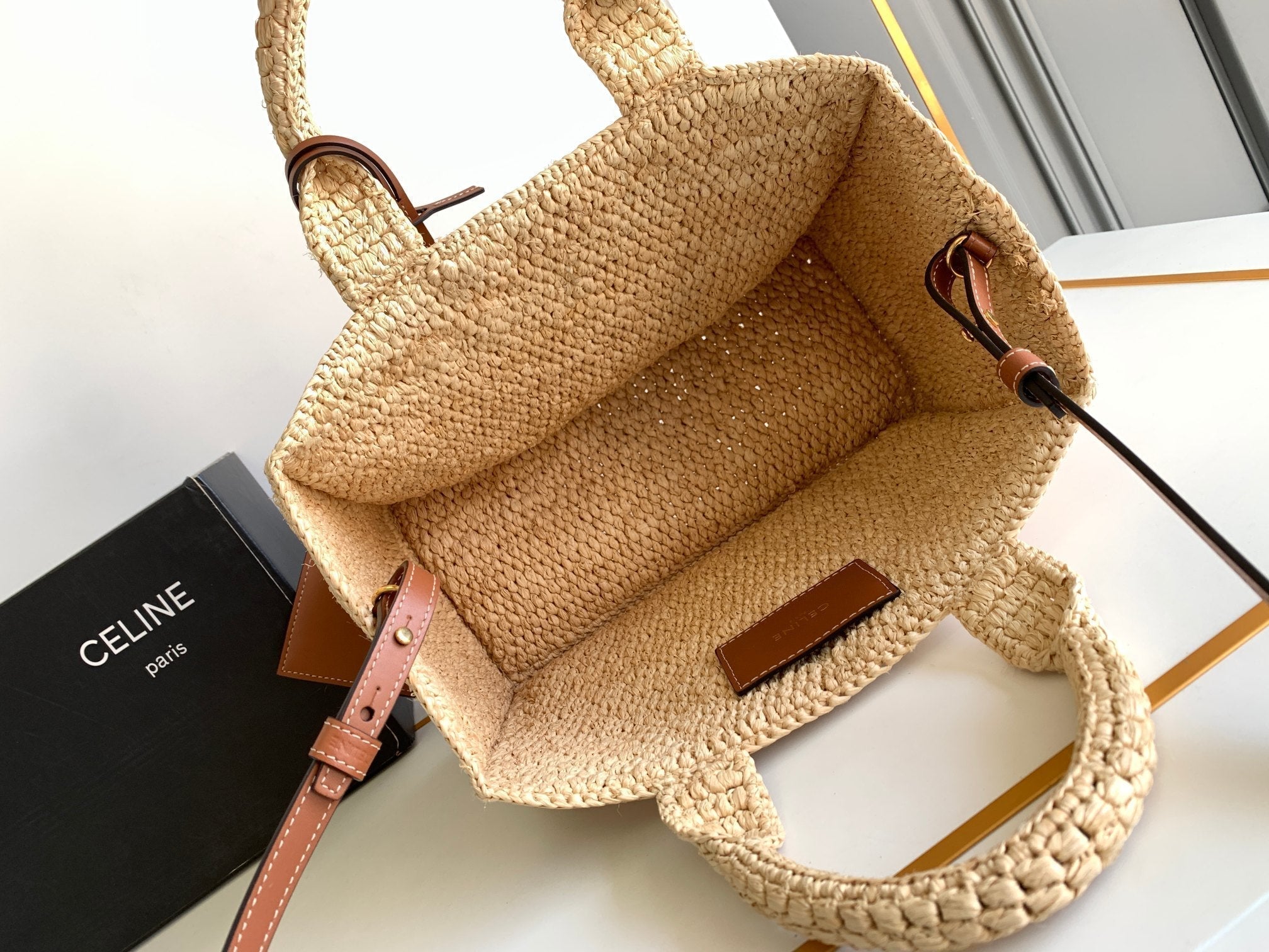 small cabas thais 27cm raffia brown calfskin