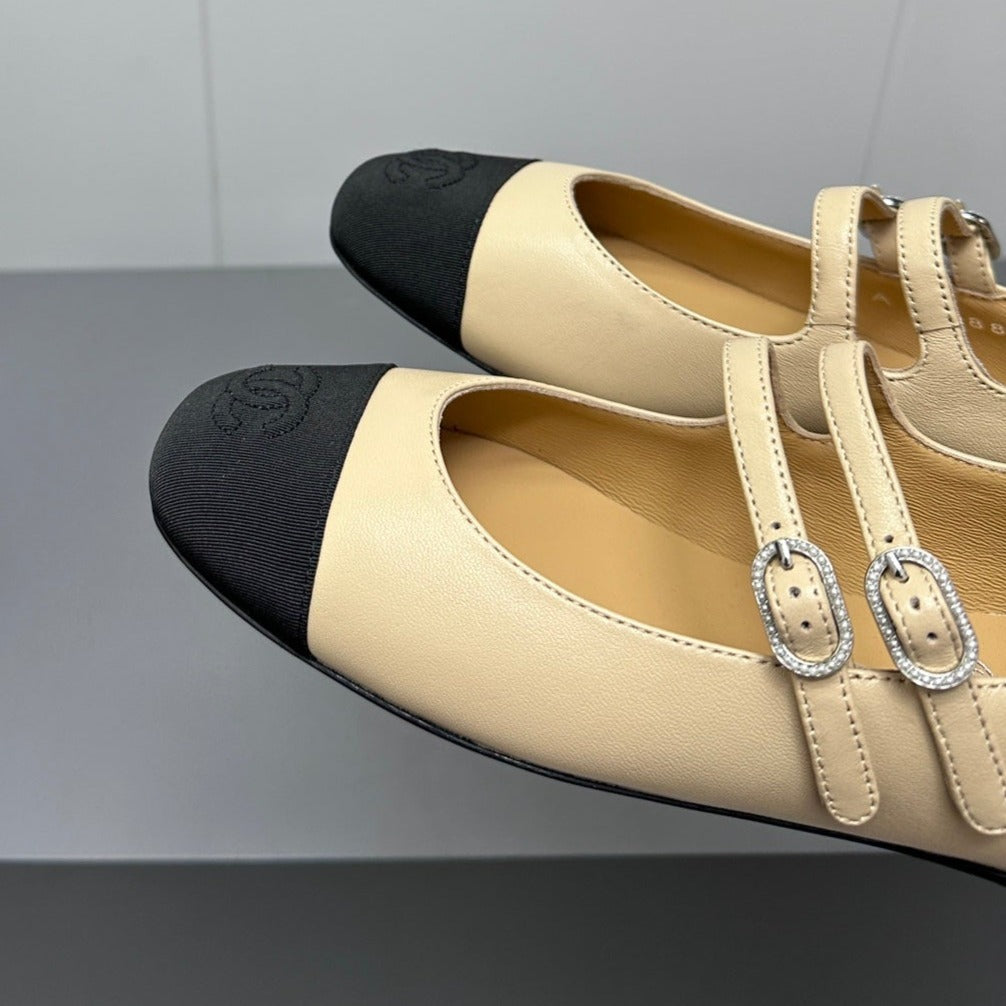mary jane double strap beige calfskin black grosgrain