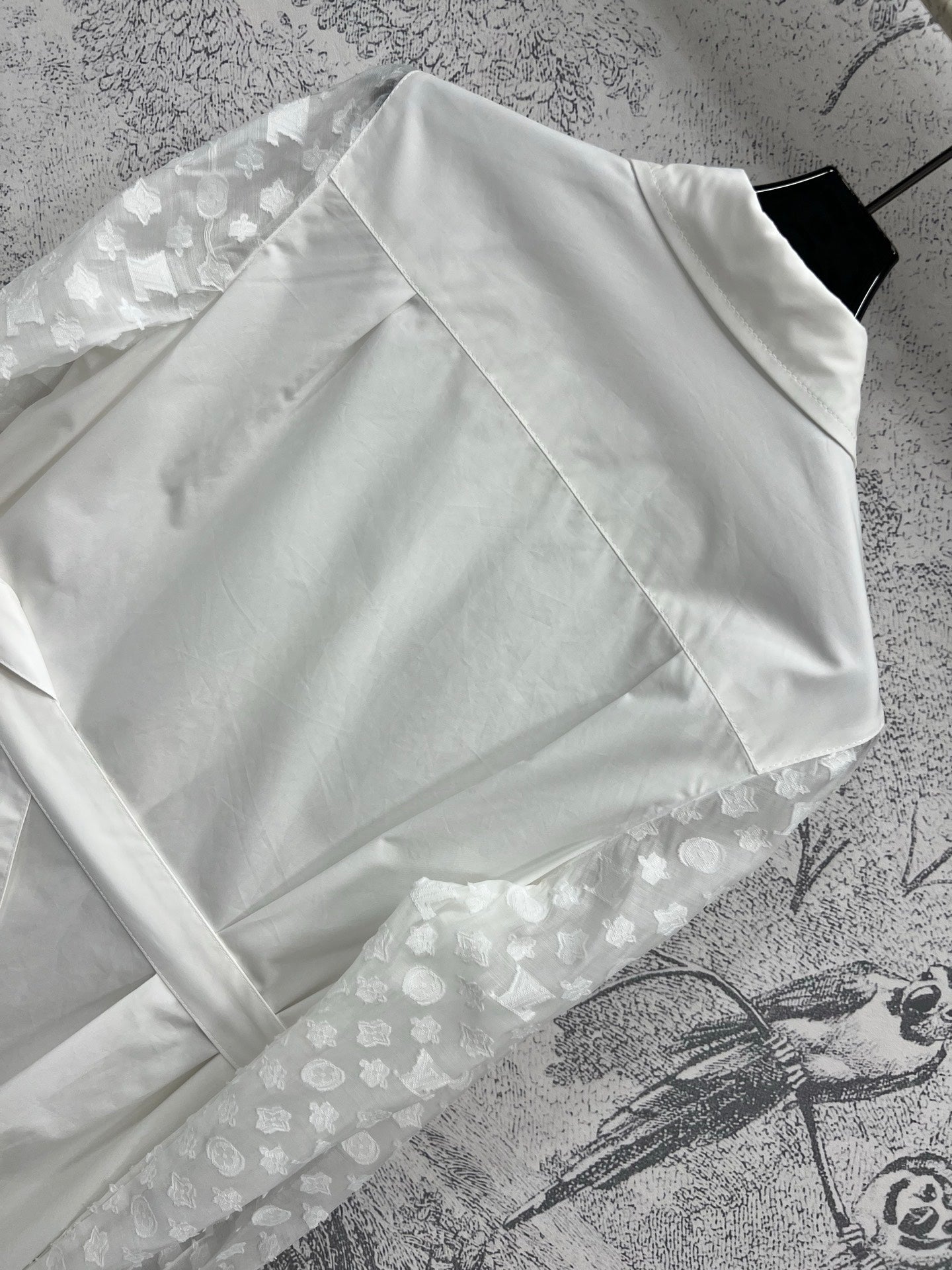 LV 25 Splicing Perspective Jacquard Monogram Sleeve Dress White Cotton