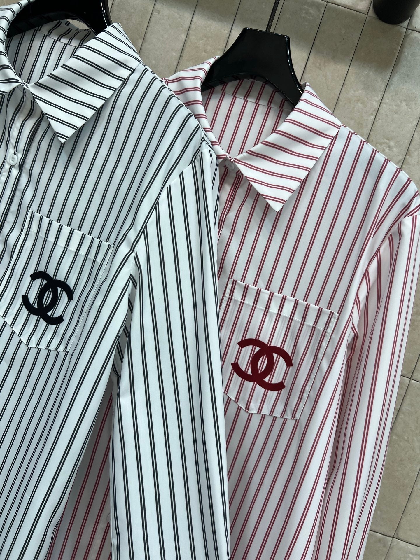 Chanel 2026 Logo Embroidered Striped Shirt Pink and Black Cotton 355062