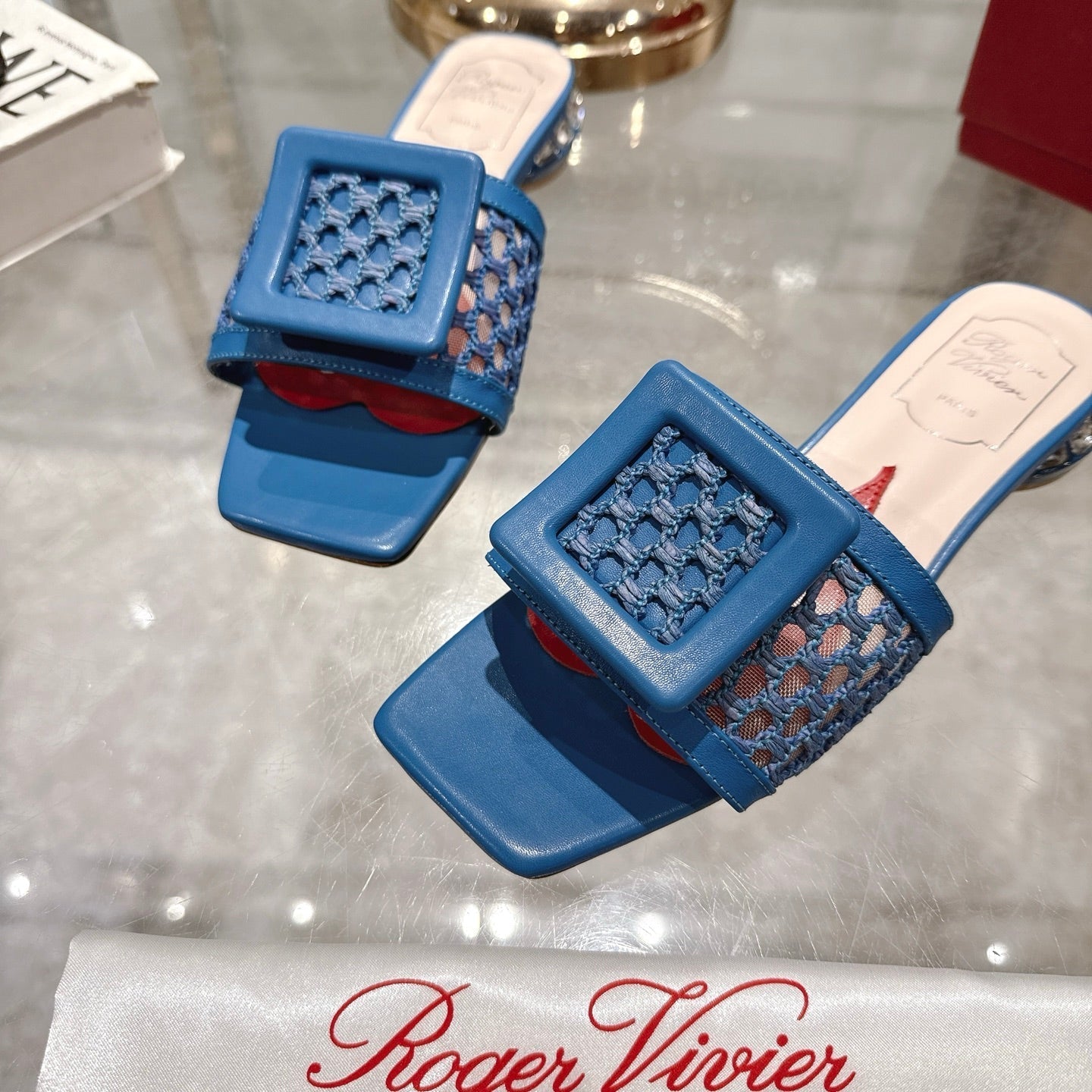 Viv 25 Hollow Square Buckle Slippers Blue Weaving Leather 263000