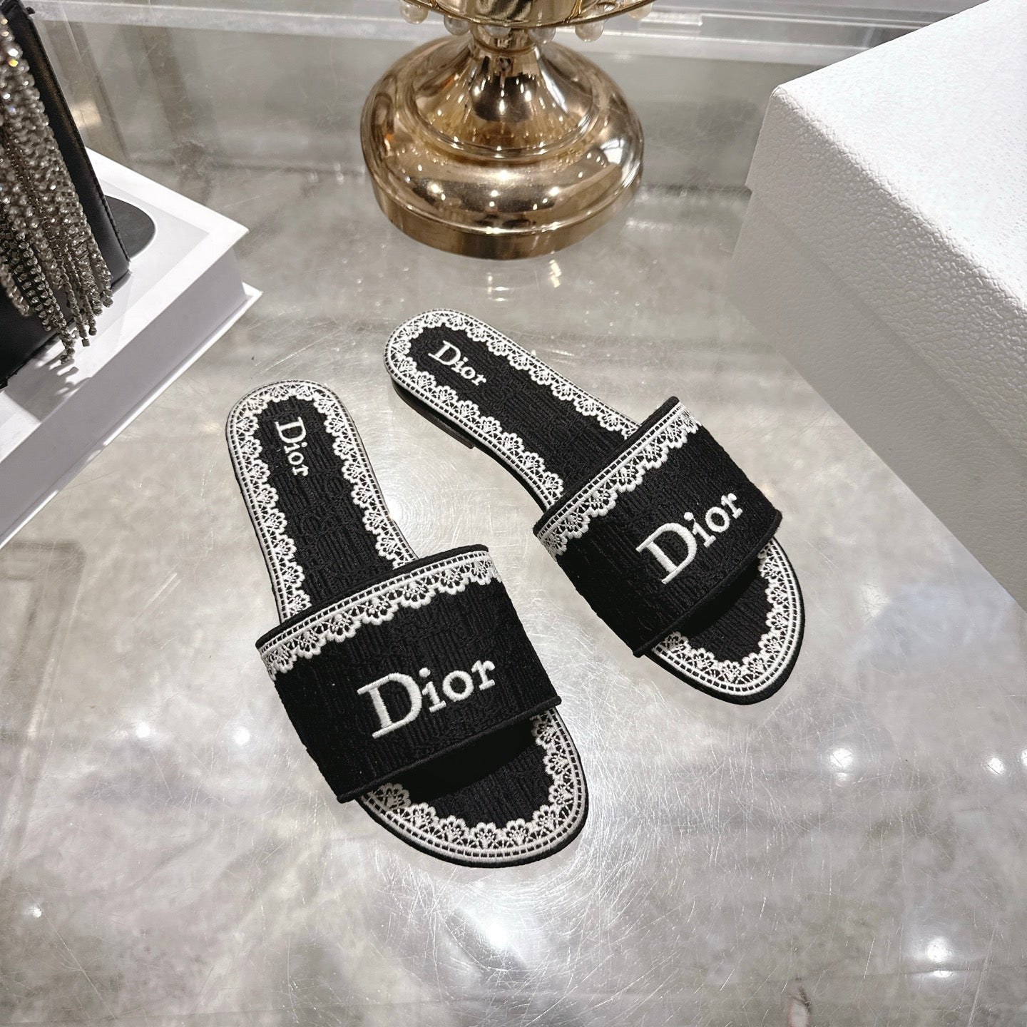 CD 26 Embroidered Sandals Black White Canvas 592246