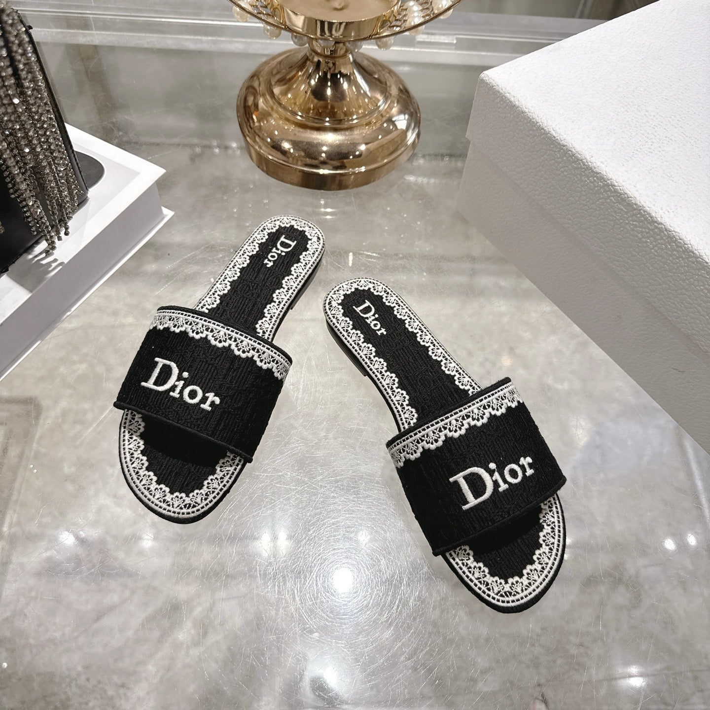 CD 26 Embroidered Sandals Black White Canvas 592246