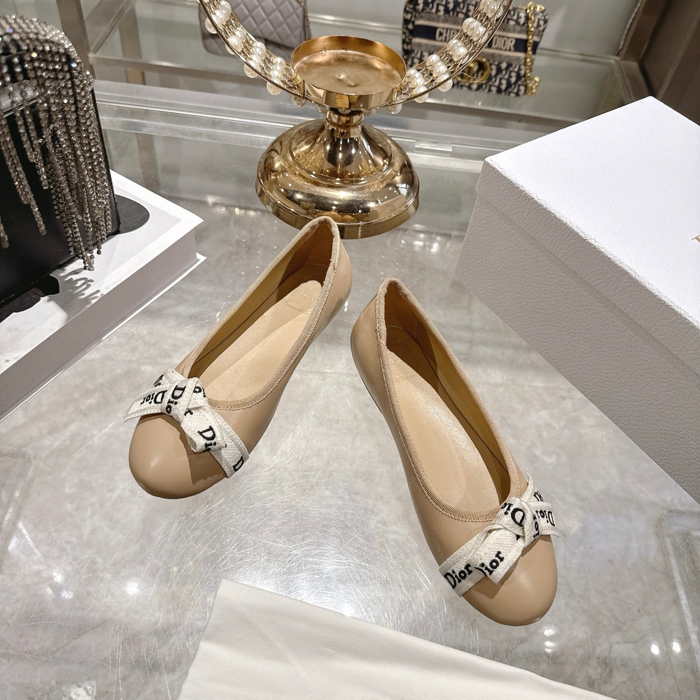 CD 26 Bow Ballet Flat Embroidered Sheepskin