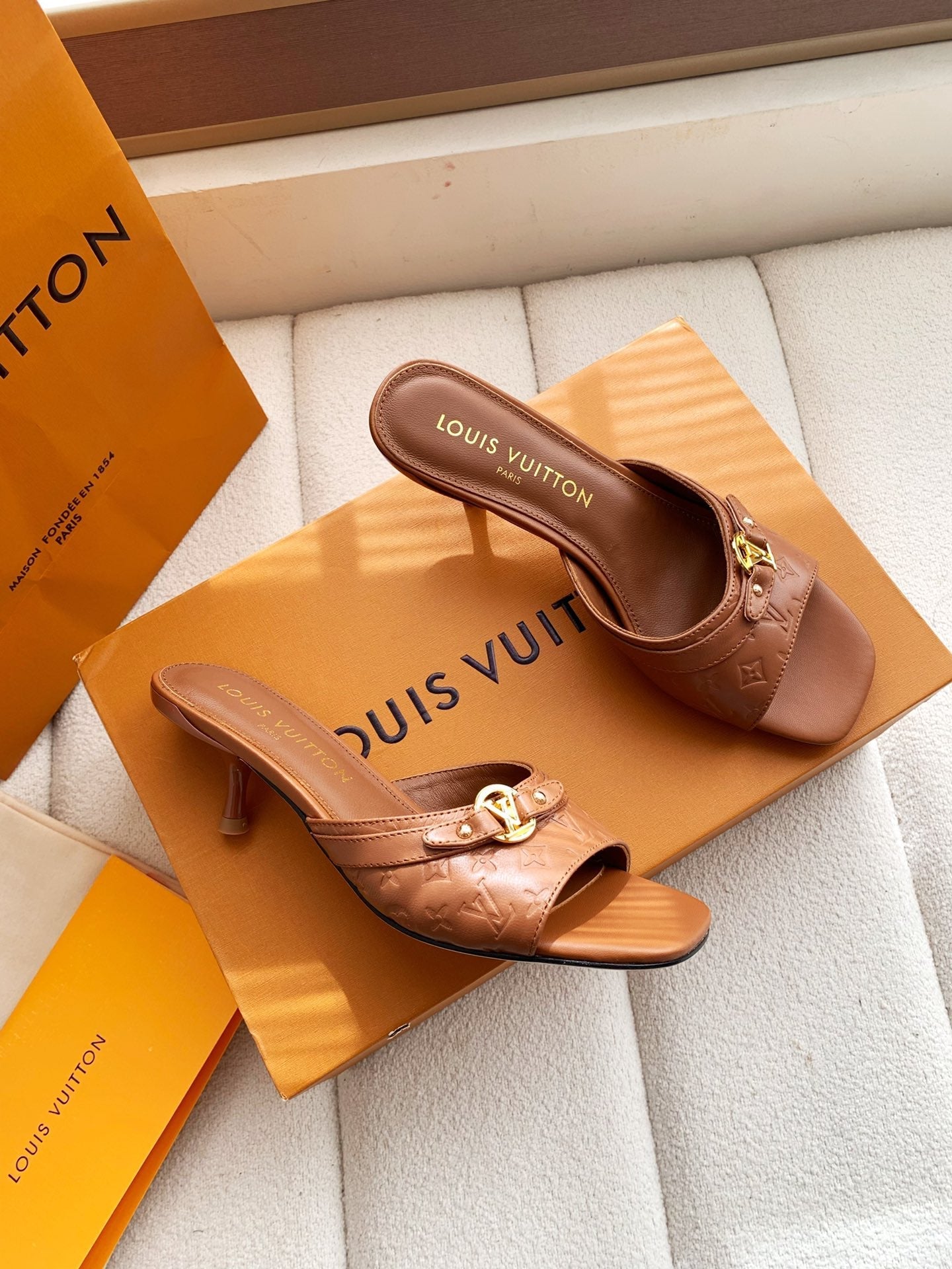 LV 26s High Heels 55 Slippers Brown Sheepskin 614981