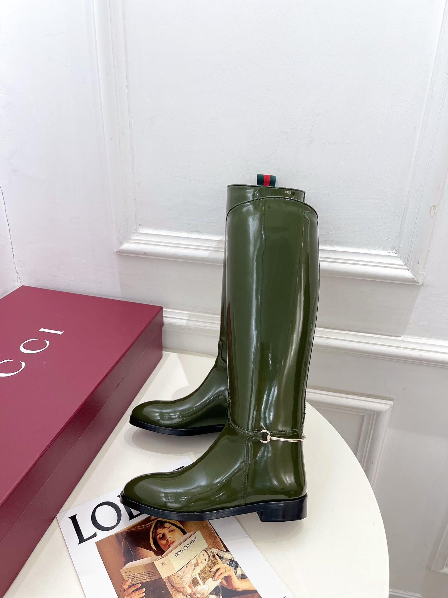 Gucci 25𝐬𝐬 horsebit long boots dark olive green patent calfskin 435383