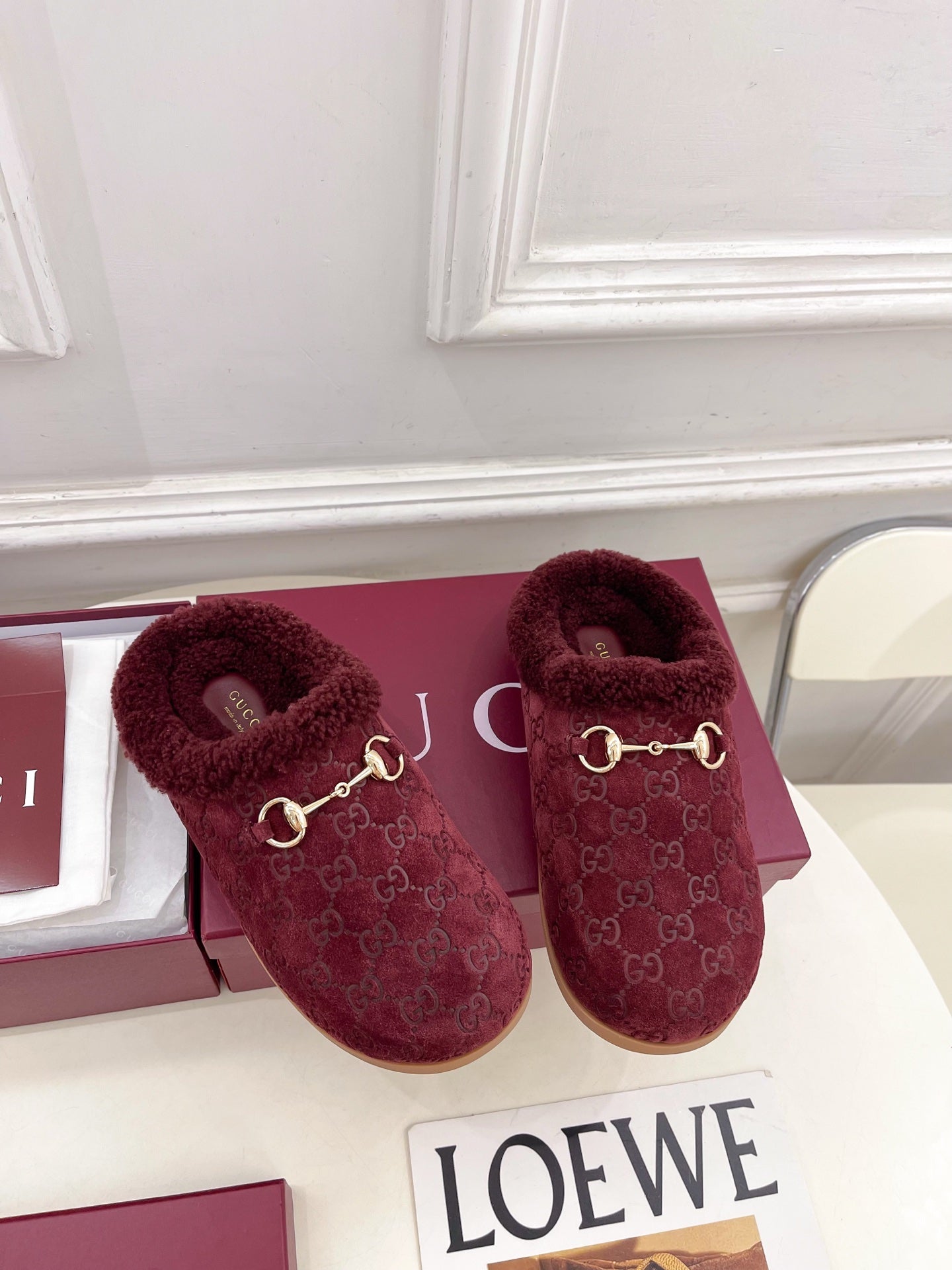 GG Horsebit Embossed Mule Red Suede And Wool 536051