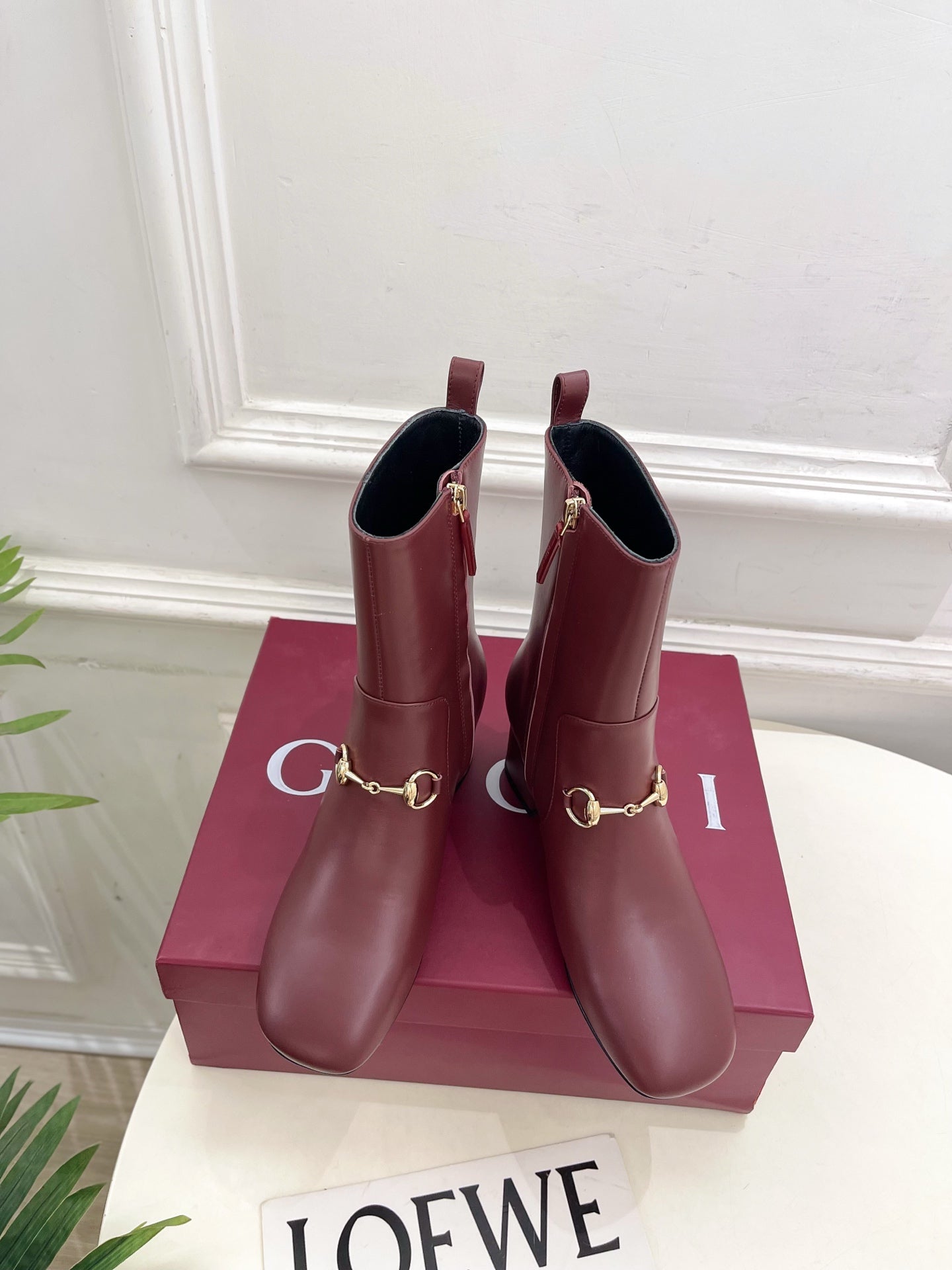 GG horsebit chunky heel ankle boots burrgundy calfskin 536060