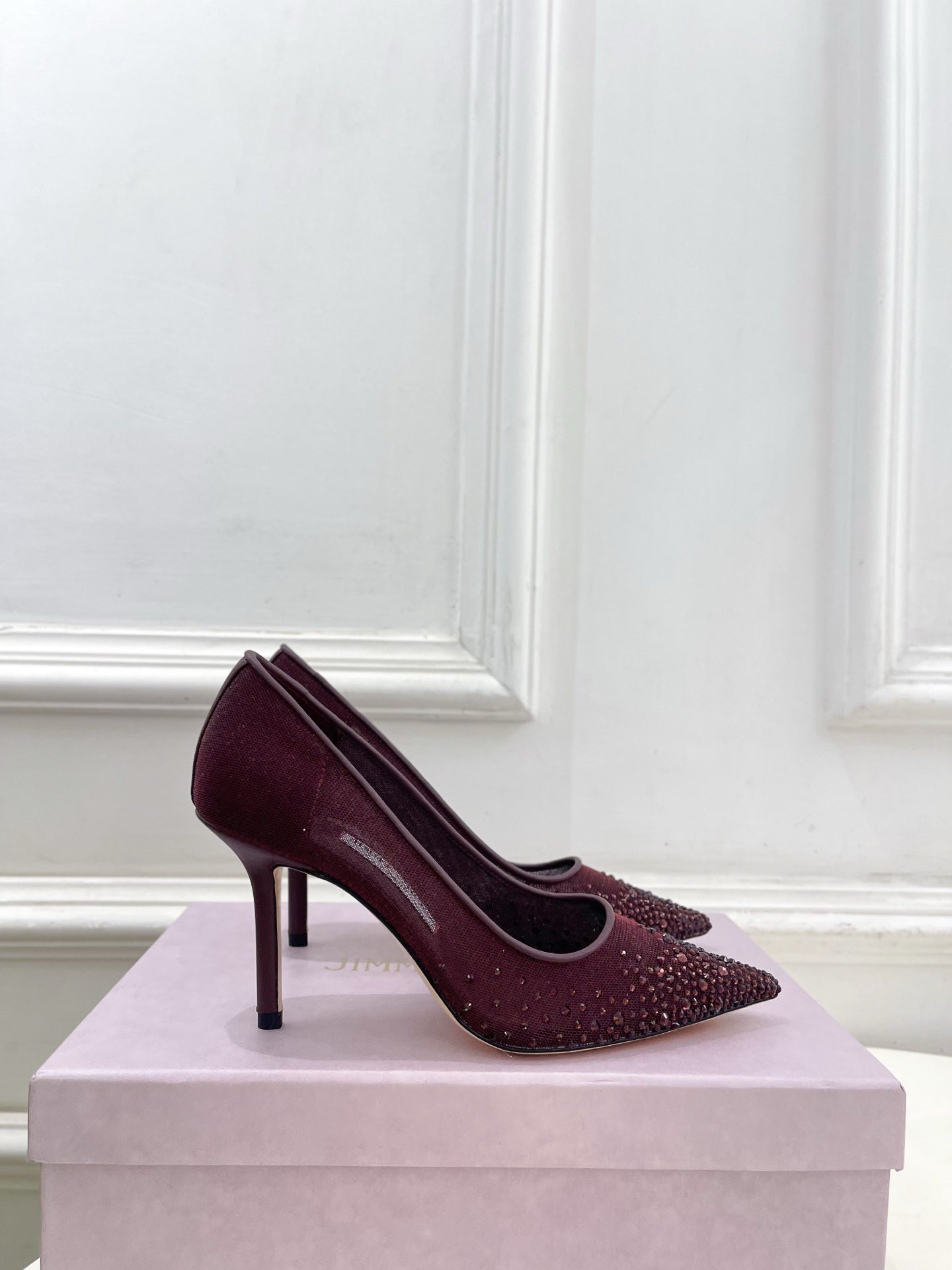 Jimmy Choo 2025 Love 100 Crystal-embellished Pumps Burgundy Mesh Leather 179048
