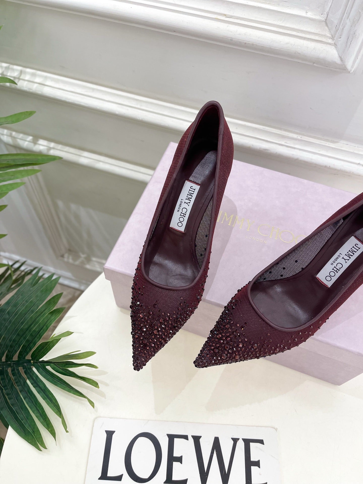 Jimmy Choo 2025 Love 100 Crystal-embellished Pumps Burgundy Mesh Leather 179048