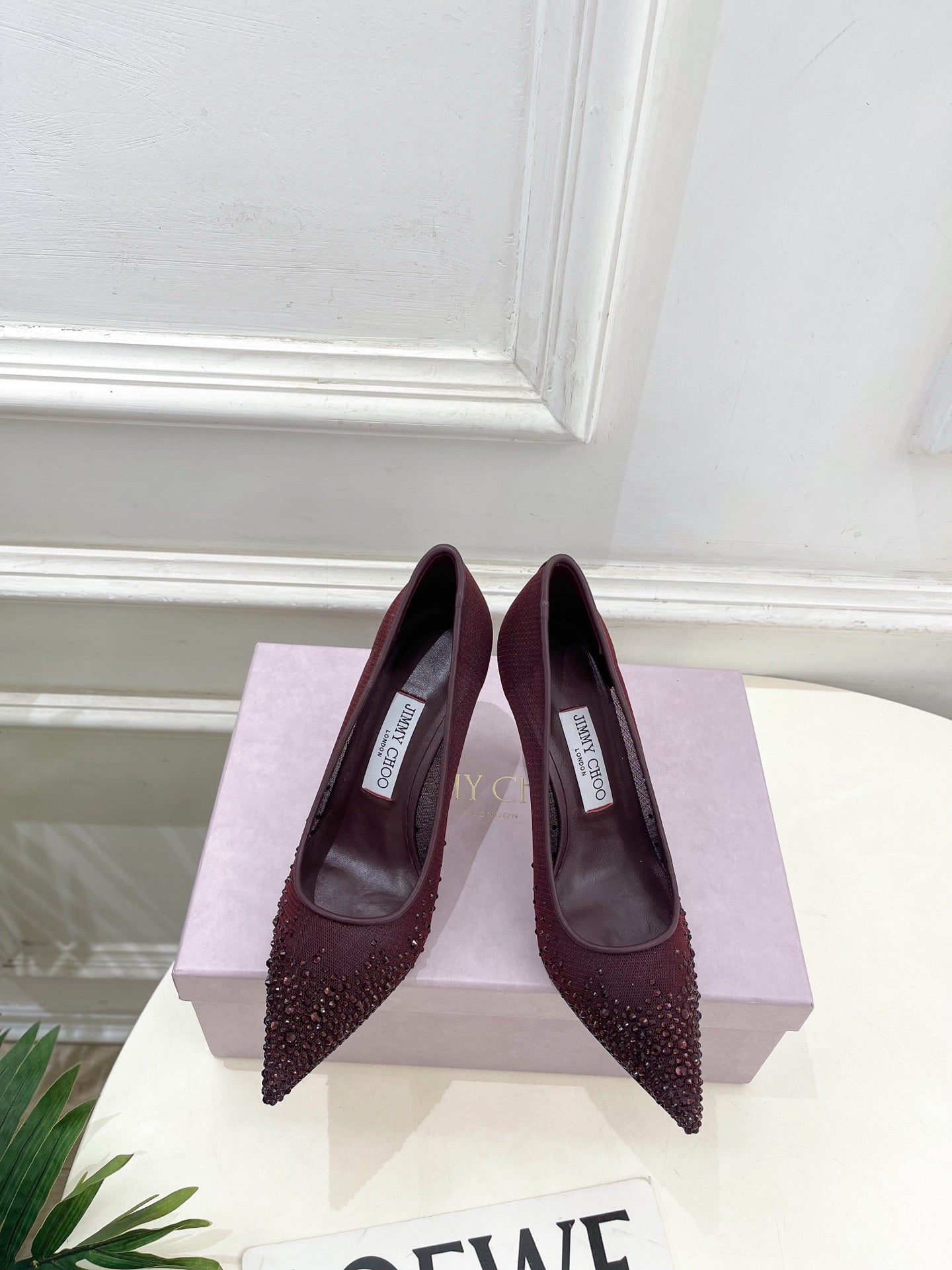 Jimmy Choo 2025 Love 100 Crystal-embellished Pumps Burgundy Mesh Leather 179048