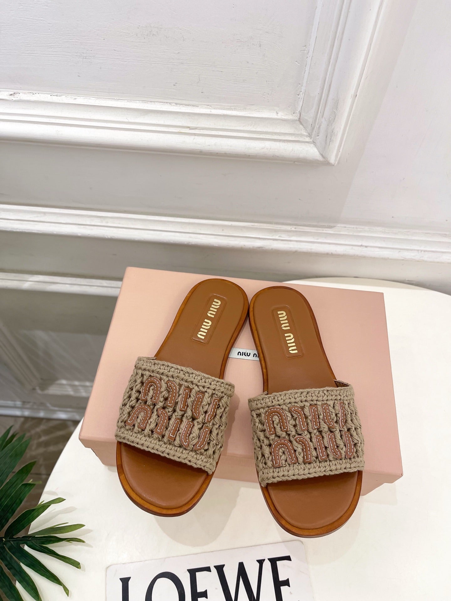 MIU Flat Slippers Brown Knitted Fabric Sheepskin 631915