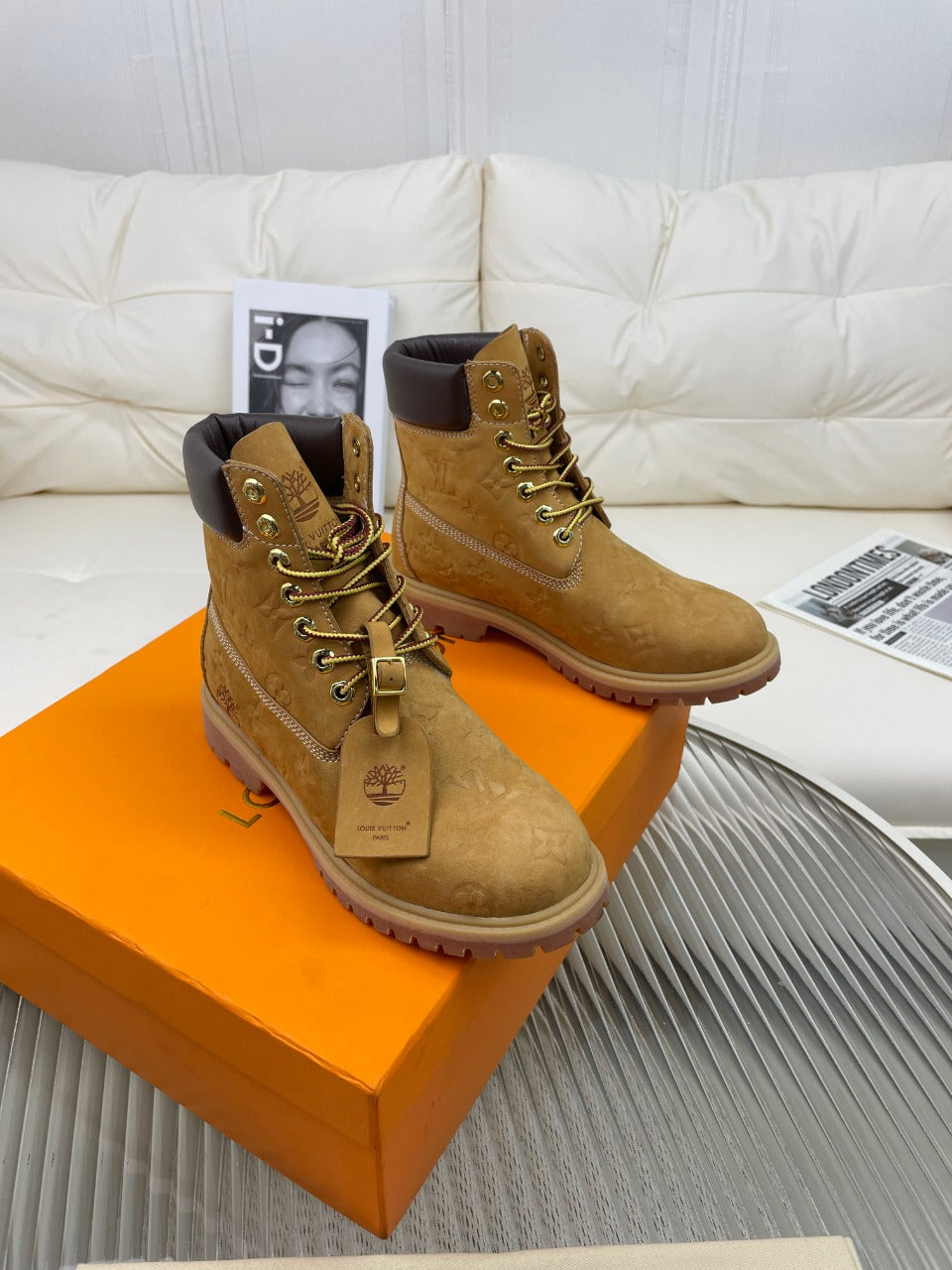 LV x Timberland Ankle Boot 50mm Brown Yellow Monogram Nubuck Leather